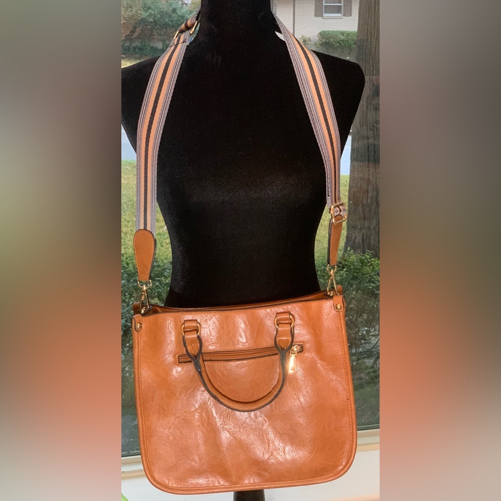 Cognac Faux Leather Crossbody Tote w/ Striped Strap
